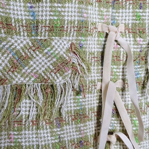 JS Collections Woven Plaid Tweed Jacket 10 M Green Frayed Fringe Trim Velvet Tie - Picture 5 of 6